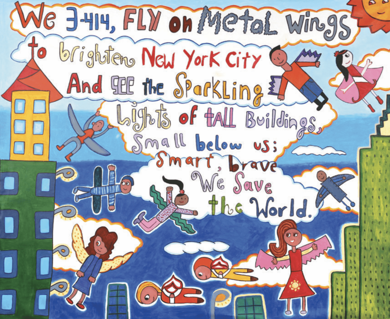 Colorful kids painting with winged kids flying over tall city buildings