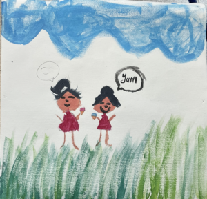 Student drawing of cartoon style friends together in the grass under blue ski with thought bubbles saying YUM