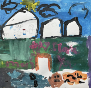 STudent abstract paiting of a row of white square houses with blue sky and green grass 