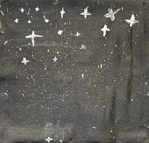 Student painting of starry night sky in black and white