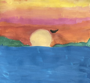 Student painting of orange sunset over the ocean