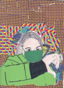 Self portrait colored pencil drawing of a 6th grade student in a dark green mask and light green shirt making a half heart with her hand. The back ground is a multicolored checker board collage. 