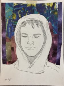 Self portrait drawn in pencil of a young person with curly hair peaking out from a white hoodie. The collage backround is multicolored purple, green and blue swirls. 