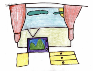 Crayon drawing of a TV on a dresser in front of window with red curtains. The sky is blue and the sun is shining.
