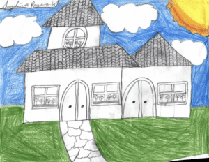 Youth drawing of a house with green lawn and blue sky with white clouds
