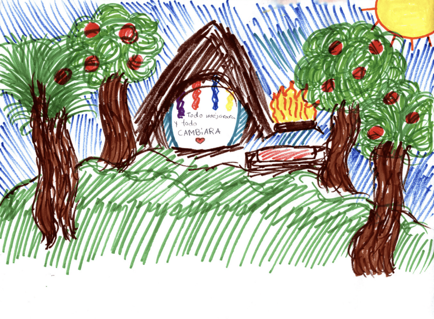 Colorful drawing of a small house among trees with a bright sun