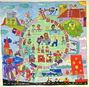 Colorful painted mural of a community classroom
