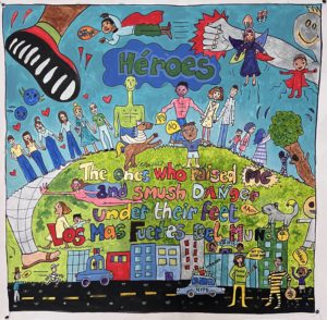 Colorful painted mural by kids showing the urban and country landscape with happy people