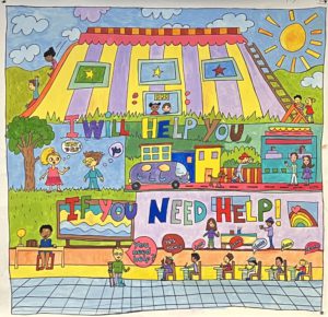 Colorful childrens mural showing kids working together and helping each other