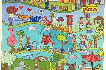 Colorful childrens painted mural ofa fantastical landscape with mythical creature