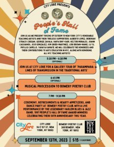 Colorful flier announcing the People's Hall of Fame Teaching Artist inductees at Bowery Poetry Club
