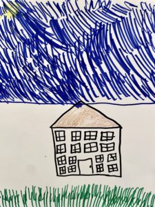 Student drawing of big blue sky over a house with lots of windows and greeen grass
