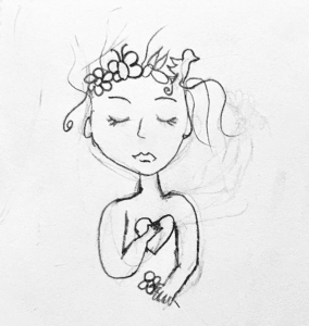 Pencil drawing of young girl with eyes closed, flowers in her hair and her hand over her heart