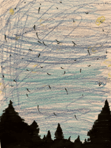 Drawing of a windy starry night sky framed by dark evergreen trees in silhouette 