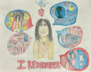 Drawing of a high school student with imaginative thought bubbles with their memories