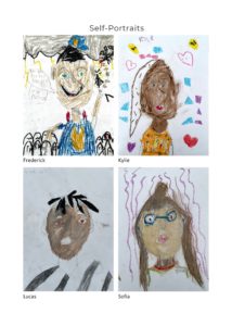 Kids self portraits in oil stick on paper