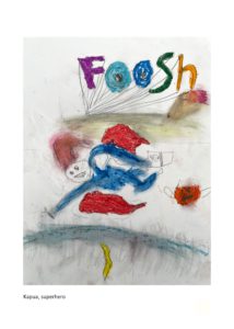 Kid's drawing of a colorful flying superhero with the made-up word FOOSH above to represent the sound that the flying makes