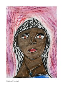 3rd grader's self-portrait with dark skin, bright eyes and black hair