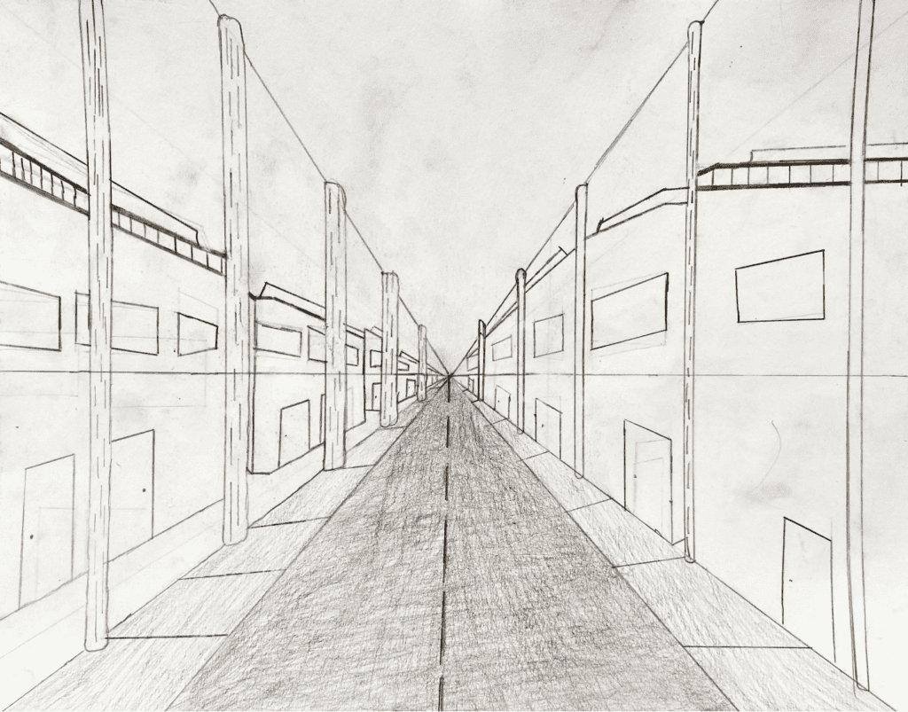 Pencil drawing of an empty city street disappearing in the distance