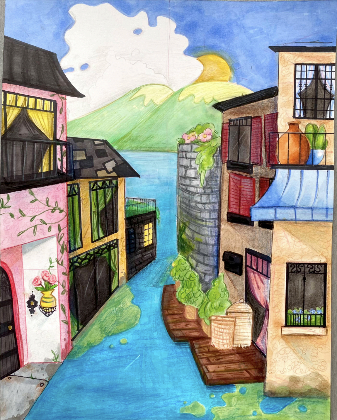 Colorful drawing of an old world city with mountains in the background