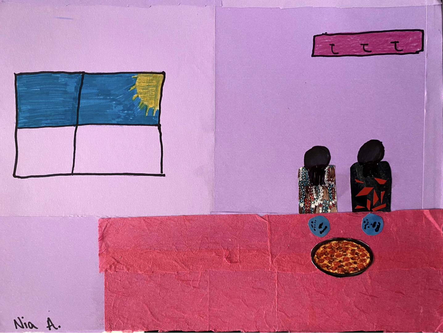 Collage of two people sitting at a table near an open window inspired by Jacob Lawrence