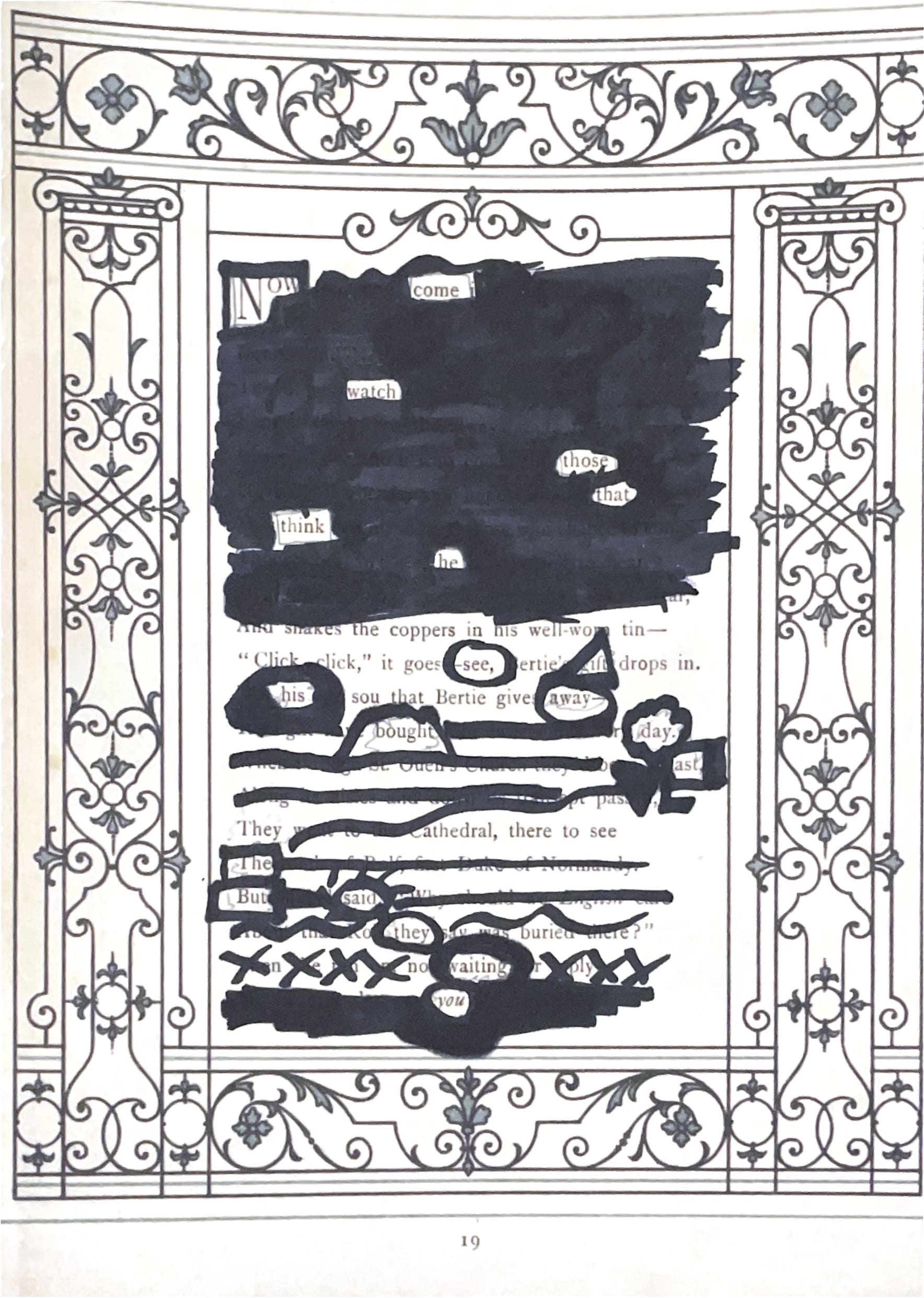 Decorative page from a book with words blacked out