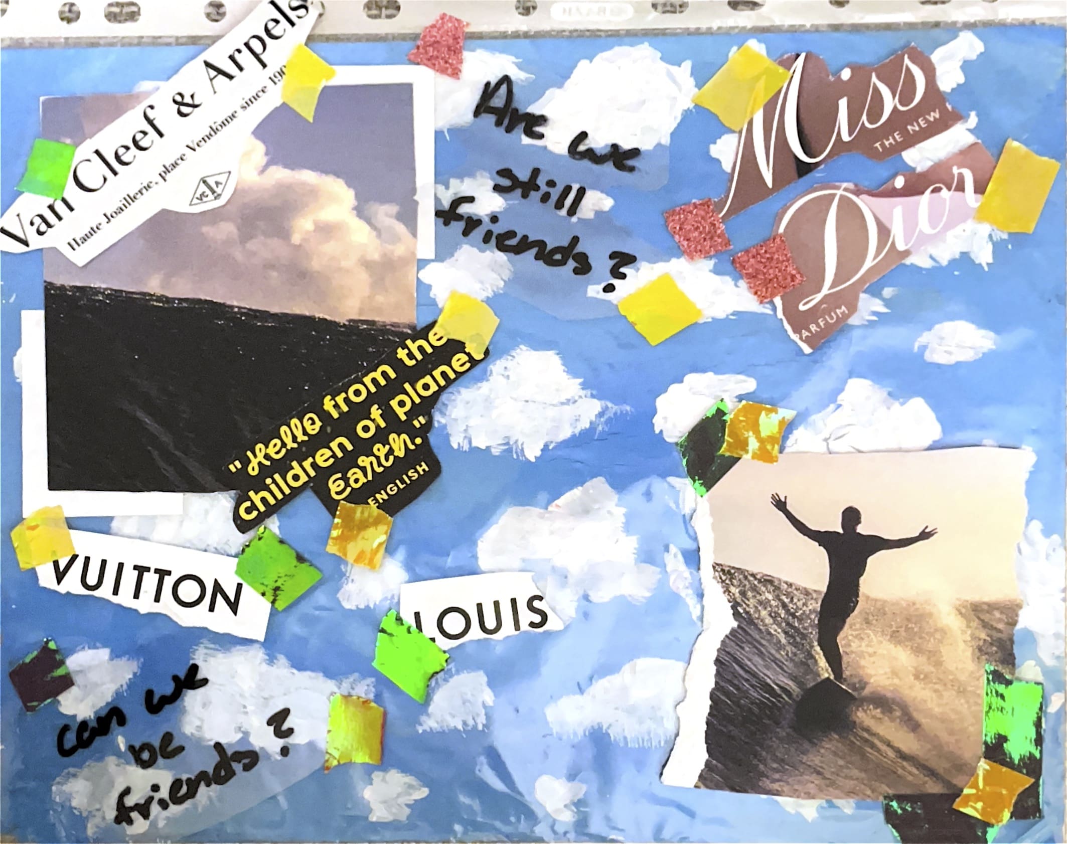 Collage of magazine pages on a background of clouds in the blue sky