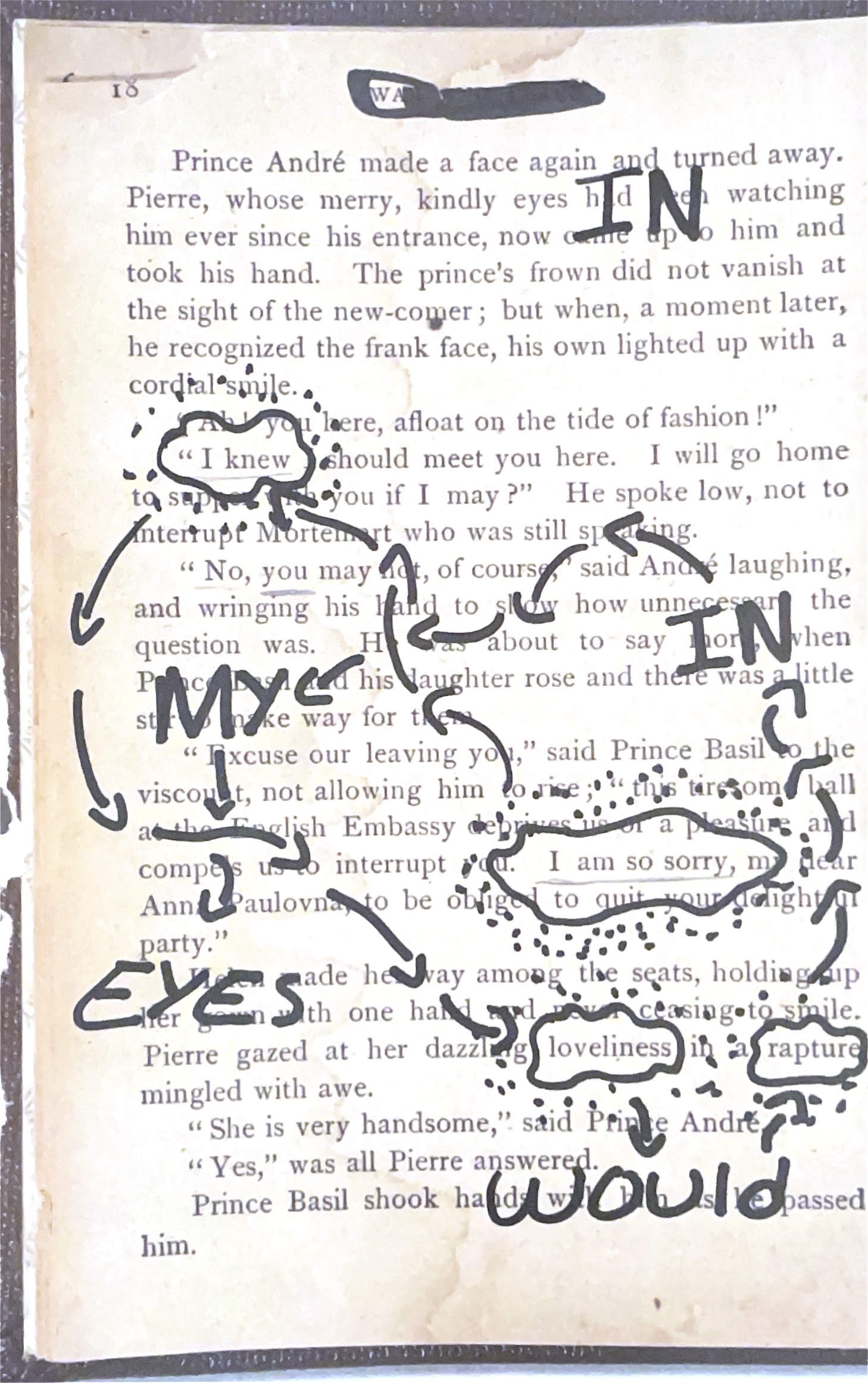 Black pen drawing on a page from a book.