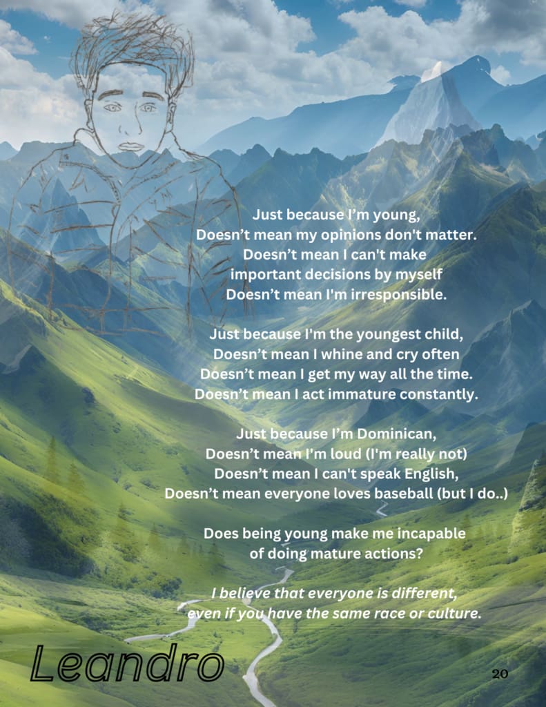Student Poem illustrated with picture of tall mountains and green valleys