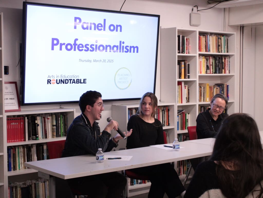Three teaching artists at a panel on professionalism